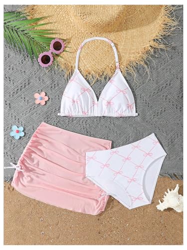 Verdusa Girl's 3 Piece Cute Bow Bikini Set Halter Triangle High Waisted Bathing Suit with Cover Up Pink 9Y - Image 3