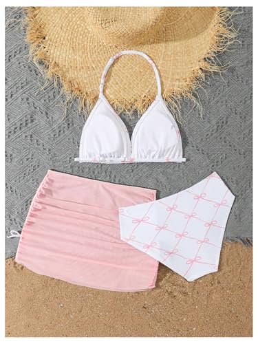 Verdusa Girl's 3 Piece Cute Bow Bikini Set Halter Triangle High Waisted Bathing Suit with Cover Up Pink 9Y - Image 2