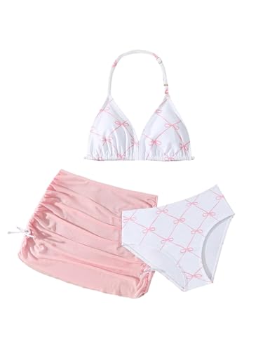 Verdusa Girl's 3 Piece Cute Bow Bikini Set Halter Triangle High Waisted Bathing Suit with Cover Up Pink 9Y - Image 1