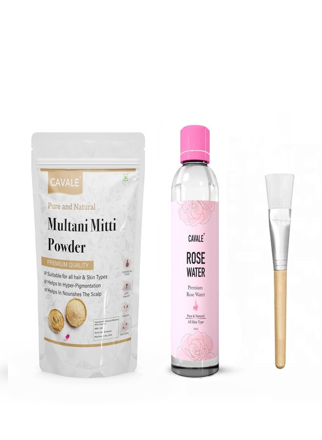 Cavale 100% Pure Natural & Organic Multani Mitti Powder with Bulgarian Rose, Rose Water, Brush For Skin & Hair Care, Paraben Free - Image 1