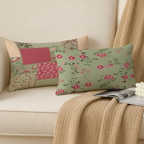 BRICK HOME Set of 2 Polycotton Printed Cushion Covers 12x18 Inches | Floral, Polka & Patchwork Design | Sage Green, Blush Pink & Cream | Soft Decorative Pillow Covers for Sofa, Couch & Living Room - Image 2