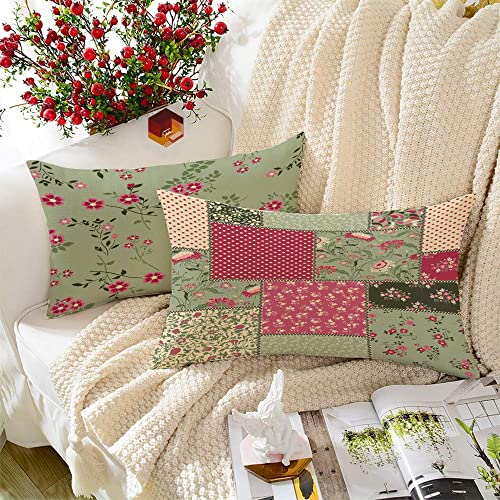 BRICK HOME Set of 2 Polycotton Printed Cushion Covers 12x18 Inches | Floral, Polka & Patchwork Design | Sage Green, Blush Pink & Cream | Soft Decorative Pillow Covers for Sofa, Couch & Living Room - Image 1