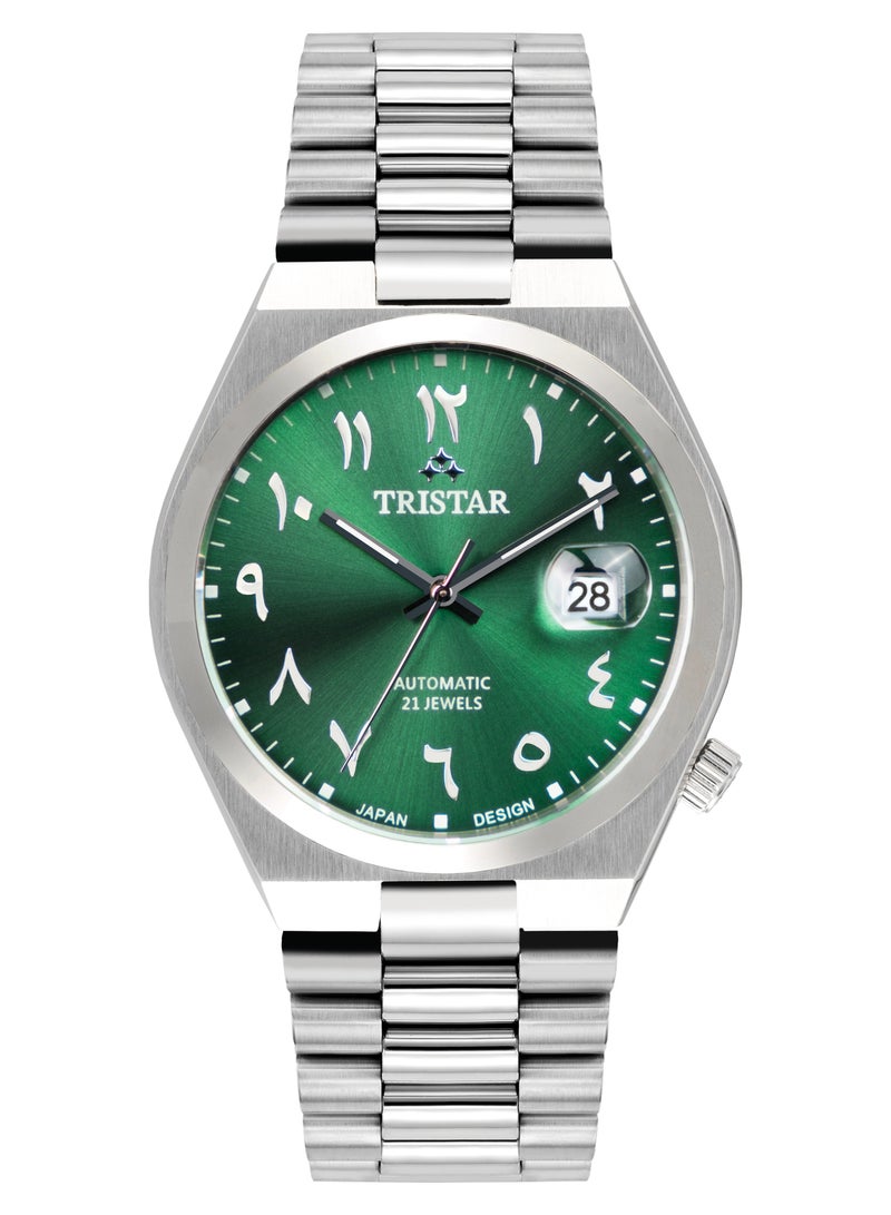 Tristar NJ Series Men's Automatic Watch Green Arabic Dial Stainless Steel Bracelet Wrist Watch for Men  - Image 1