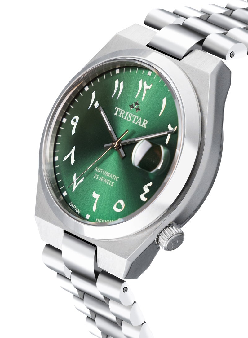 Tristar NJ Series Men's Automatic Watch Green Arabic Dial Stainless Steel Bracelet Wrist Watch for Men  - Image 2