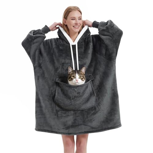Qeils Wearable Blanket Hoodie for Women, Comfy Sherpa Sweatshirt Blanket as Birthday Christmas Gifts, Oversized Pullover Jacket Blanket Hoodie for Adult (Dark Grey, Adult) - Image 1