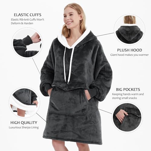 Qeils Wearable Blanket Hoodie for Women, Comfy Sherpa Sweatshirt Blanket as Birthday Christmas Gifts, Oversized Pullover Jacket Blanket Hoodie for Adult (Dark Grey, Adult) - Image 4