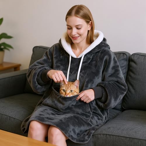 Qeils Wearable Blanket Hoodie for Women, Comfy Sherpa Sweatshirt Blanket as Birthday Christmas Gifts, Oversized Pullover Jacket Blanket Hoodie for Adult (Dark Grey, Adult) - Image 5