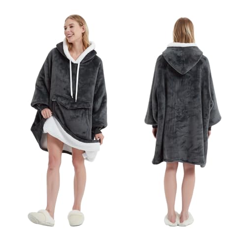 Qeils Wearable Blanket Hoodie for Women, Comfy Sherpa Sweatshirt Blanket as Birthday Christmas Gifts, Oversized Pullover Jacket Blanket Hoodie for Adult (Dark Grey, Adult) - Image 2
