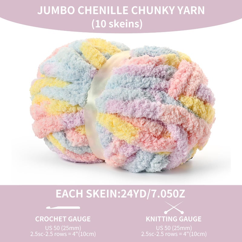 OMoiut 10 Pack Jumbo Chunky Yarn for Hand Knitting, Fluffy Variegated Chunky Chenille Yarn for Crocheting, 240yds/70.5oz Super Bulky Soft Crochet Baby Blanket Yarn(Macaron) - Image 2