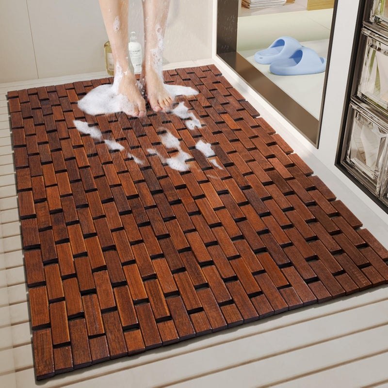 Liveinu Bath Mat for Luxury Shower, Non-Slip Bamboo Sturdy Waterproof Bathroom Carpet for Sauna Spa Steps Decor and Accessory, Brown, 24" x 36" - Image 4