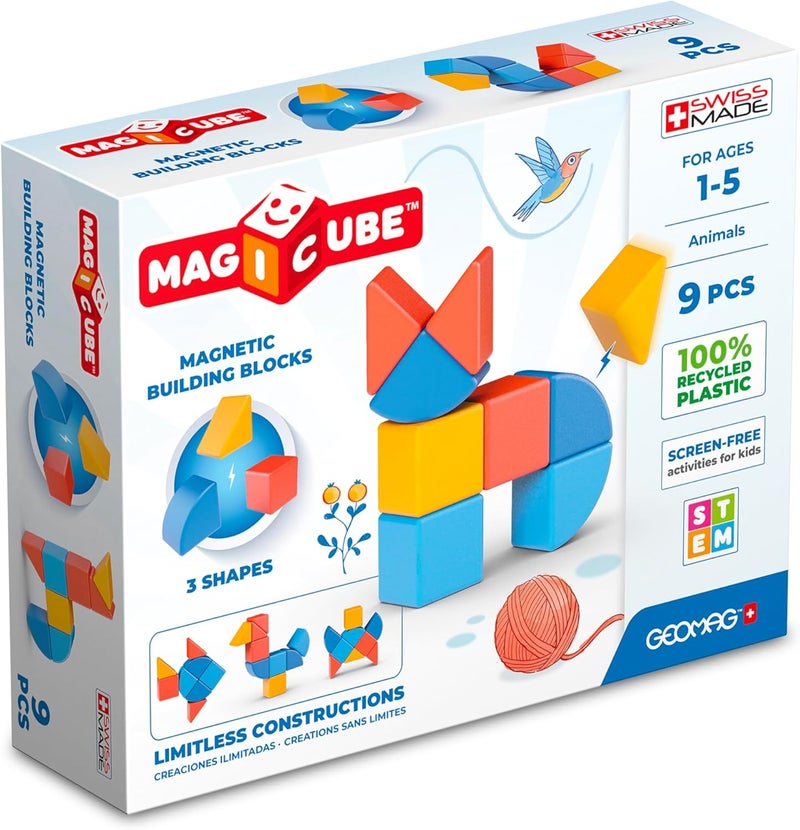 جيوماغ Magicube 3 أشكال مجموعة بناء، لعبة بناء مغناطيسية تعليمية STEM، مصنوعة في سويسرا، بلاستيك معاد تدويره بنسبة 100%، مفتوحة النهاية، من عمر سنة فما فوق، 9 قطع - Image 1