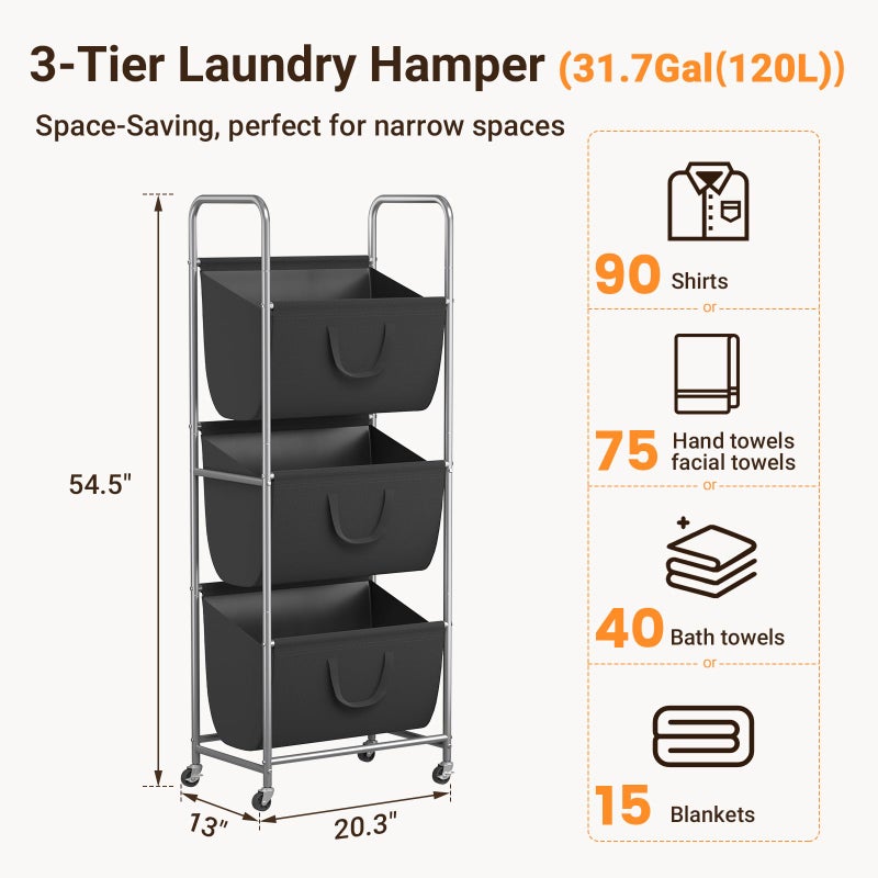 ELYKEN 120L Vertical Rolling Laundry Hamper with Removable Bags, 3 Section Laundry Baskets with Wheels, Space-Saving 3 Tier Laundry Sorter for Small Spaces, Dorm, Bedroom, Bathroom, Laundry Room - Image 3
