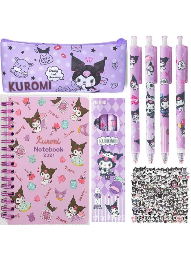 CMGTYYD 4 Pieces School Supplies Set, Cute Stationary Set, Stationery Gifts, Includes Cartoon Journal Pencil Case Ballpoint Pen Stickers for Girls (Purple)  - Image 1