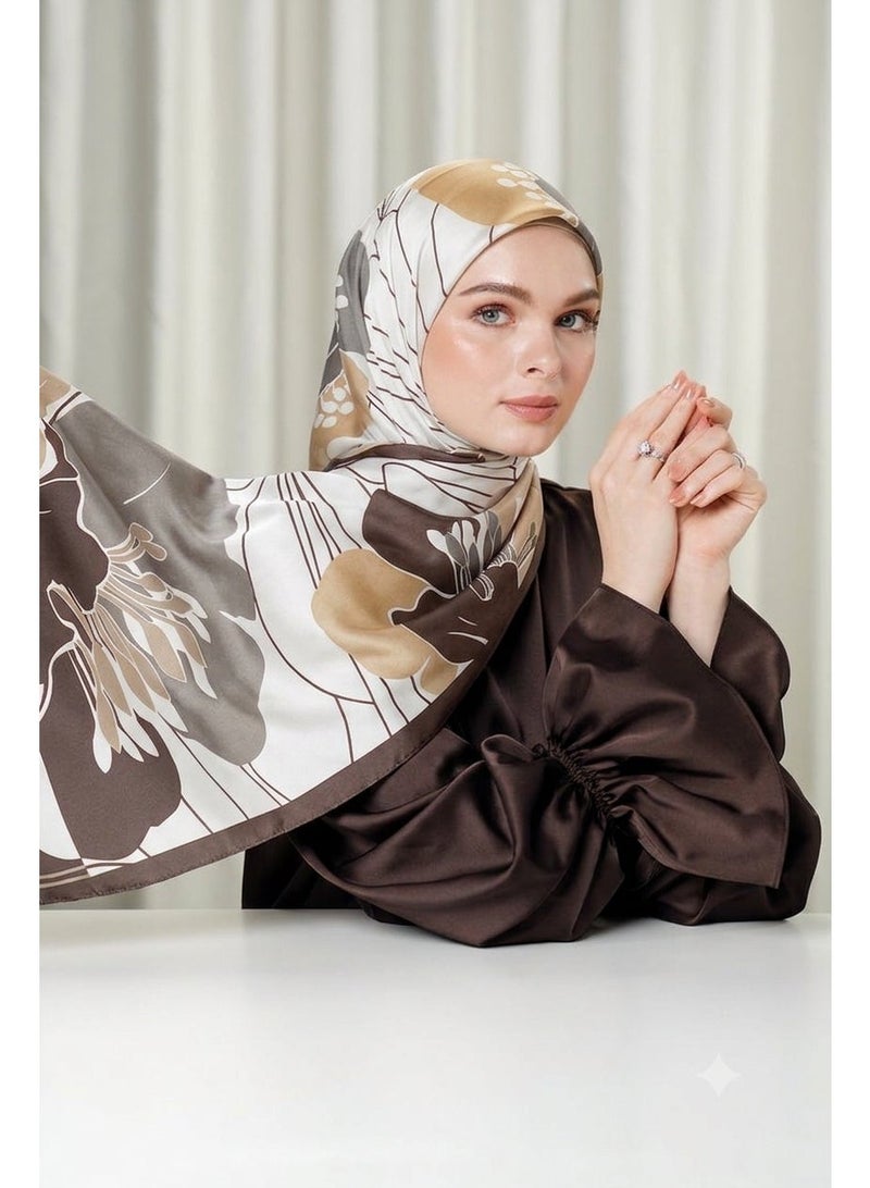 وشاح نسائي من الساتان المطبوع من ، بنقشة زهور أنيقة، خفيف الوزن، مناسب كشال أو حجاب أو لفافة، 55 × 170 سم - Image 1