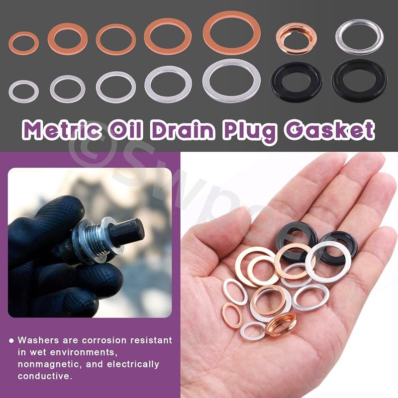 Swpeet 80Pcs 14 Types Oil Drain Plug Gasket Assortment Kit, Aluminum/Copper/Rubber Oil Crush Washers Seals Kit Compatible with Toyota Honda Subaru VW Audi Mercedes Benz - Image 5