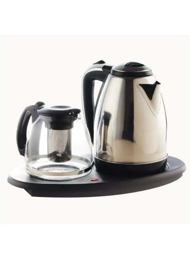 DENX Electric Kettle with Glass Teapot DX1788 – 1800W Fast Boil, 2L Capacity, Stainless Steel, 360° Rotating Base, Automatic Shut-Off, Boil-Dry Protection, Temperature Control, Silver-Tone - Image 1