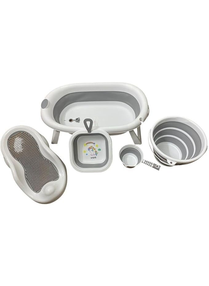 بانيو استحمام للأطفال حديثي الولادة، قابل للطي 5 في 1، مع كرسي سيليكون، مسند، دلوين قابلين للطي، مغرفة مياه - Image 1