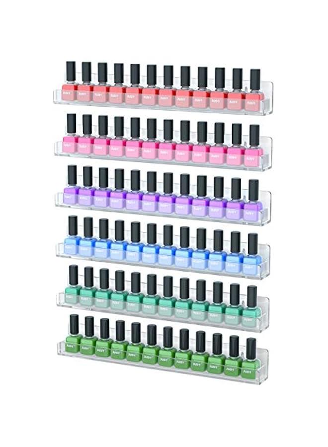 Arabest 6 Pack Nail Polish Rack Wall Mounted Shelf with Removable Anti-Slip End Inserts, Clear Acrylic Nail Polish Organizer Display 90 Bottles  - Image 1