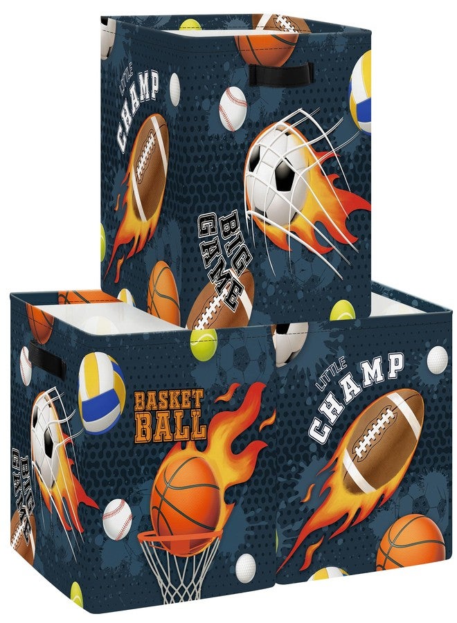 HUUMONSS 11.8" Sport Balls Cube Storage Organizer Set 3Pcs Football Rugby Basketball Cube Storage Bin for Bathroom/Bedroom Kid Book Toy Chest, Fire - Image 1