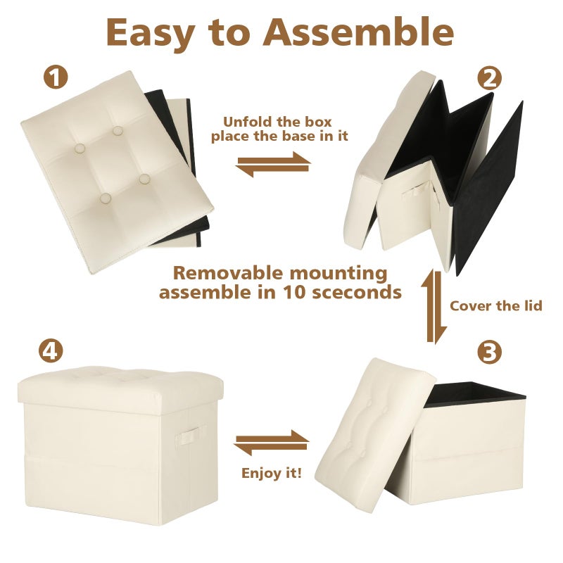 BelugaHelper Storage Ottoman Foot Rest Stool, Folding Leather Footstool Bench with Thicker Foam Padded Seat. Short Foot Stool Ottoman with Storage for Living Room Bedroom 350 lbs, 17x13x13in, Beige - Image 5
