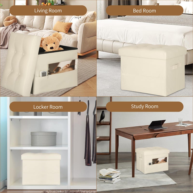 BelugaHelper Storage Ottoman Foot Rest Stool, Folding Leather Footstool Bench with Thicker Foam Padded Seat. Short Foot Stool Ottoman with Storage for Living Room Bedroom 350 lbs, 17x13x13in, Beige - Image 3