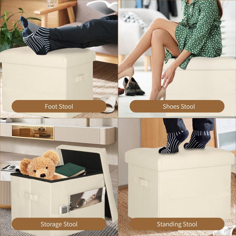 BelugaHelper Storage Ottoman Foot Rest Stool, Folding Leather Footstool Bench with Thicker Foam Padded Seat. Short Foot Stool Ottoman with Storage for Living Room Bedroom 350 lbs, 17x13x13in, Beige - Image 2