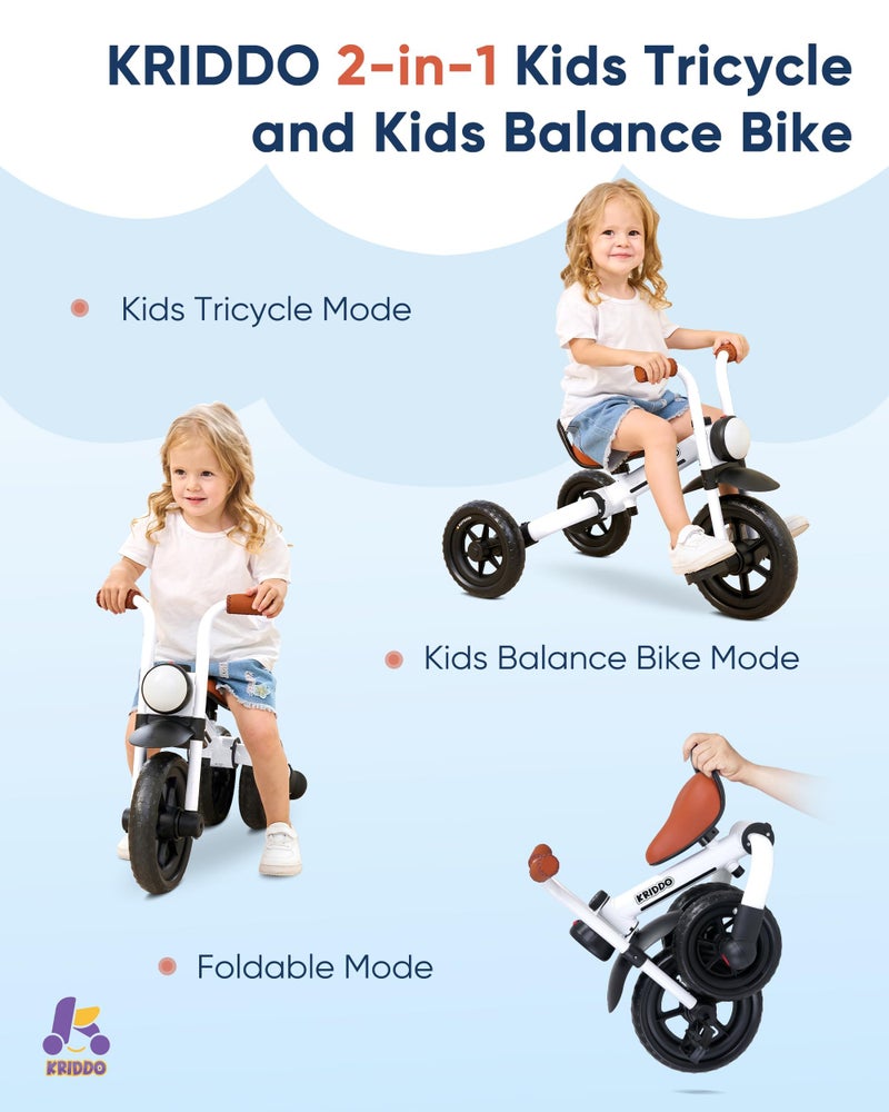 KRIDDO 2-in-1 Kids Balance Bike and Kids Tricycle for 2 to 5 Year Old, Toddler Balance Bike with Detachable Pedals, Tricycles for 3-5 Year Olds with Stitched Soft Grip, White - Image 2