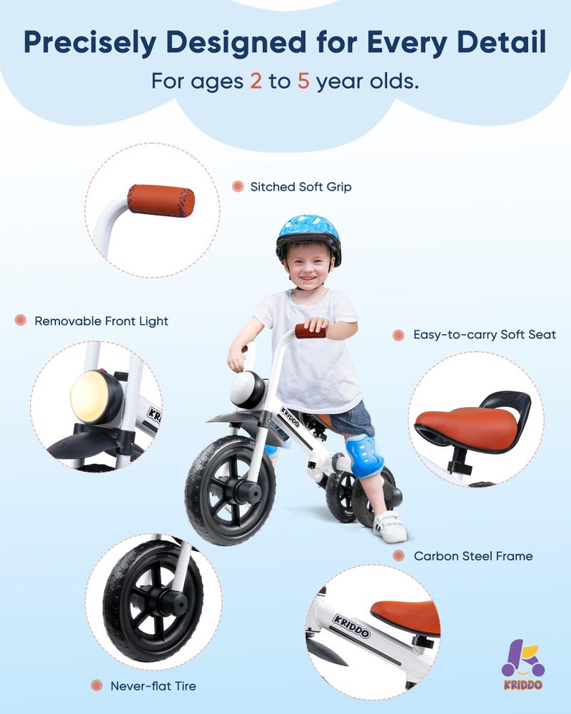 KRIDDO 2-in-1 Kids Balance Bike and Kids Tricycle for 2 to 5 Year Old, Toddler Balance Bike with Detachable Pedals, Tricycles for 3-5 Year Olds with Stitched Soft Grip, White - Image 4