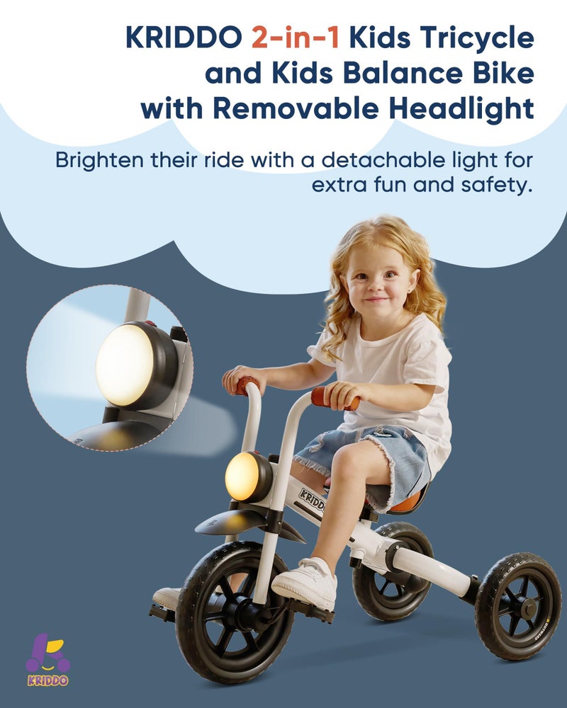 KRIDDO 2-in-1 Kids Balance Bike and Kids Tricycle for 2 to 5 Year Old, Toddler Balance Bike with Detachable Pedals, Tricycles for 3-5 Year Olds with Stitched Soft Grip, White - Image 3