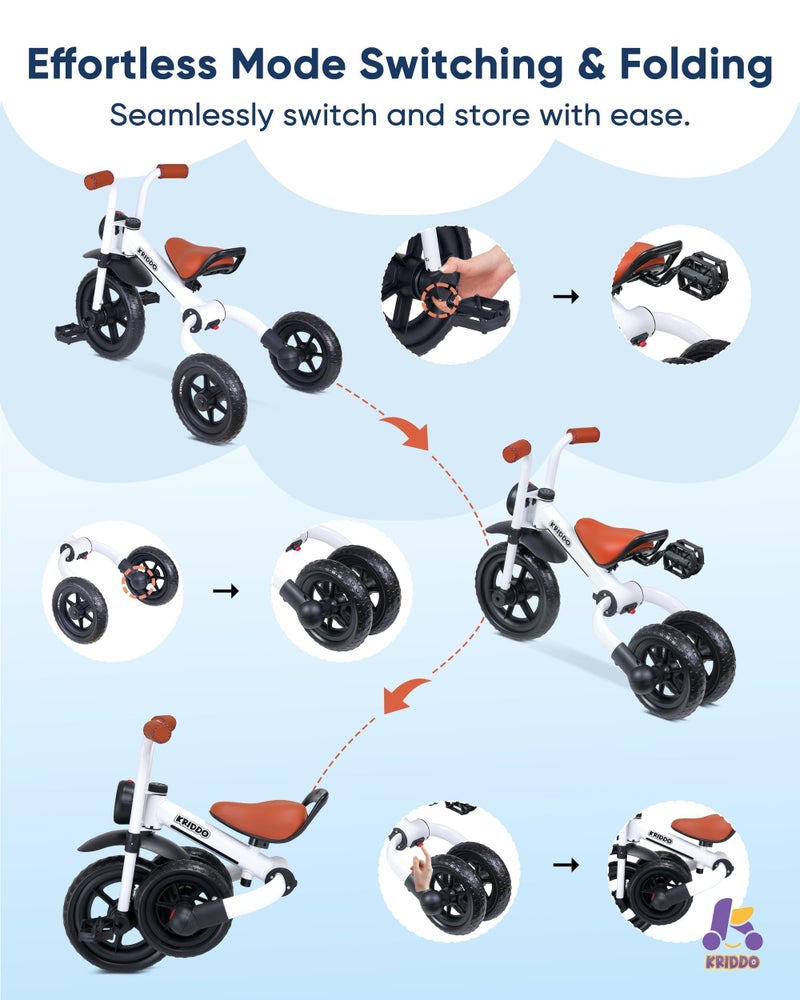KRIDDO 2-in-1 Kids Balance Bike and Kids Tricycle for 2 to 5 Year Old, Toddler Balance Bike with Detachable Pedals, Tricycles for 3-5 Year Olds with Stitched Soft Grip, White - Image 5