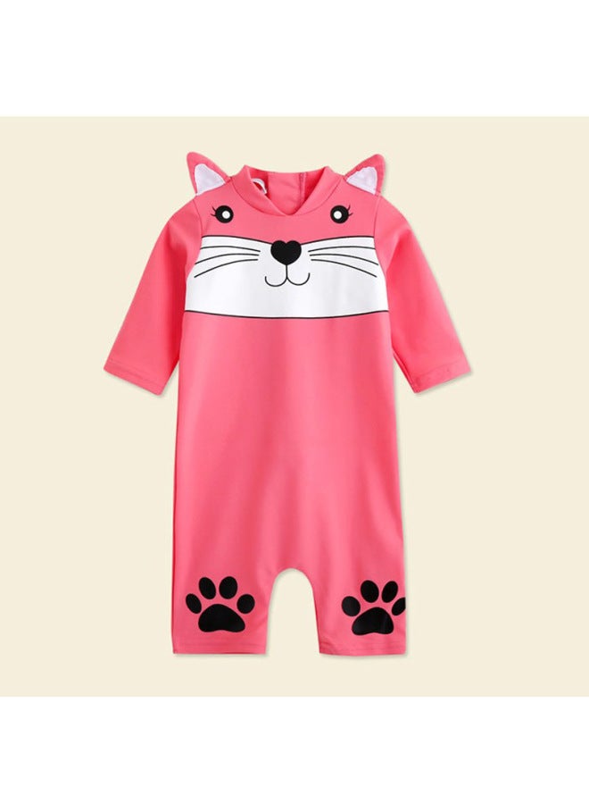 Loquat Girls' One-piece Swimsuit Boys' Baby Swimming Trunks Sunscreen Long-sleeved Baby 1-3 Years Old Children Children's Warm Swimsuit-Color:Siaman Pink Kitten- - Image 1