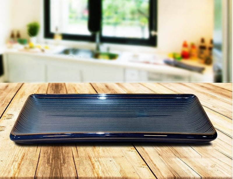 Lemon Tree Rectangle Shape Ceramic Stoneware Serving Tray Platter for Serving Snack (Blue) - Image 5