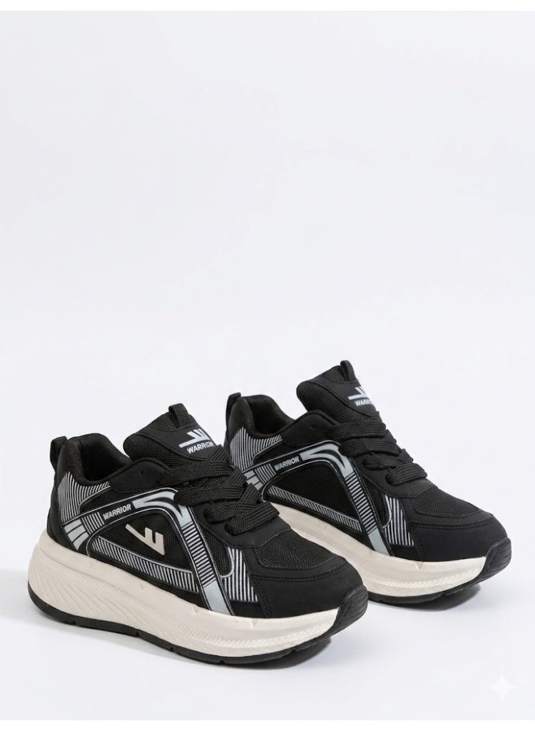 Black Casual Sports Shoes with Thick Elevated Platform Sole & Modern Striped Design in White & Silver