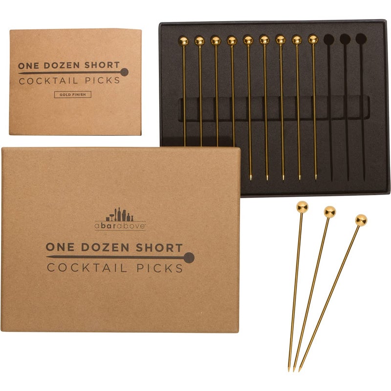 A Bar Above A Bar Above 12Piece Gold Cocktail Picks Short Stainless Steel Garnish Skewers for Appetizers Martinis Old Fashioneds Shrimp Cocktail Bloody Marys and Premium Drink Presentations
