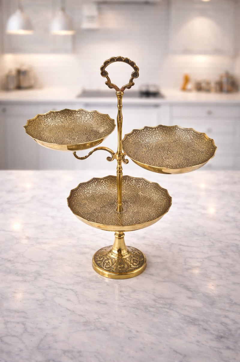 ART Handcrafted Brass 3-Tier Cake Serving Stand, Dates Dry Fruits Snacks Tower Tray For Wedding, Home Birthday,Tea Party, Gold Color, Height 40 cm - Image 1