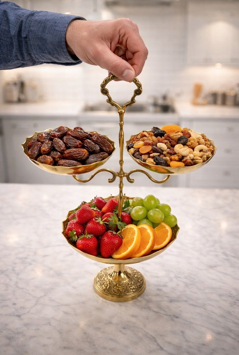 ART Handcrafted Brass 3-Tier Cake Serving Stand, Dates Dry Fruits Snacks Tower Tray For Wedding, Home Birthday,Tea Party, Gold Color, Height 40 cm - Image 2