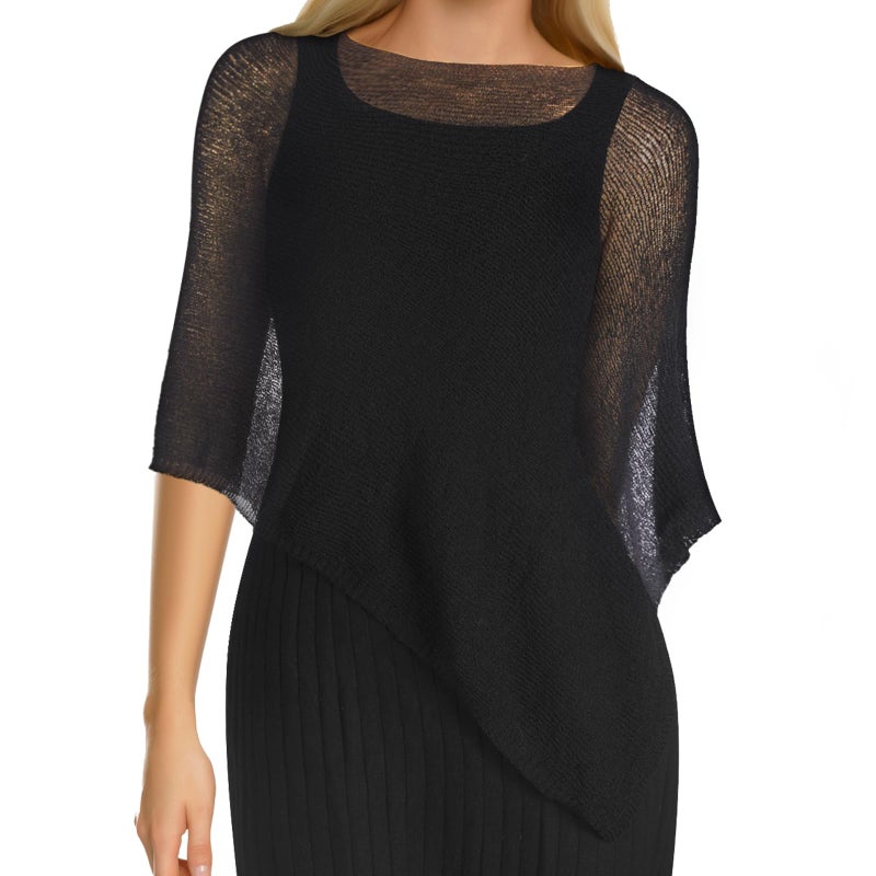 Jamntower Women's Black Sheer Poncho Shrug Summer Blouse Top Lightweight Poncho Sheer Bolero for Formal Evening Dress - Image 1