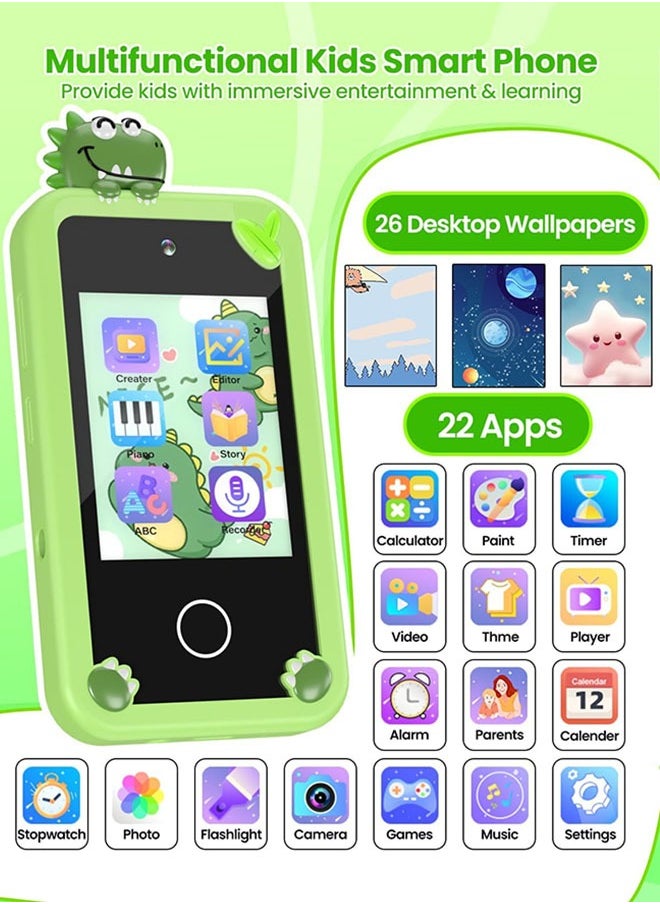 Eworld Kids Smart Phone with 3D Holographic Pyramid, 2.8inch Touchscreen Learning Toy with Dual Cameras and Music Player, Perfect Christmas, eid and Birthday Gift for Ages 3-10, Green  - Image 2