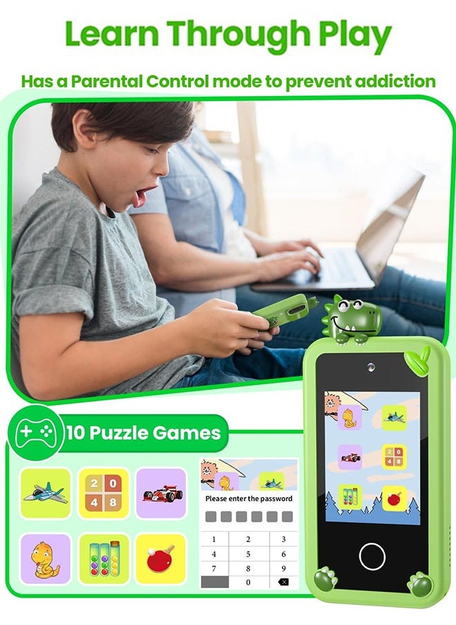 Eworld Kids Smart Phone with 3D Holographic Pyramid, 2.8inch Touchscreen Learning Toy with Dual Cameras and Music Player, Perfect Christmas, eid and Birthday Gift for Ages 3-10, Green  - Image 5