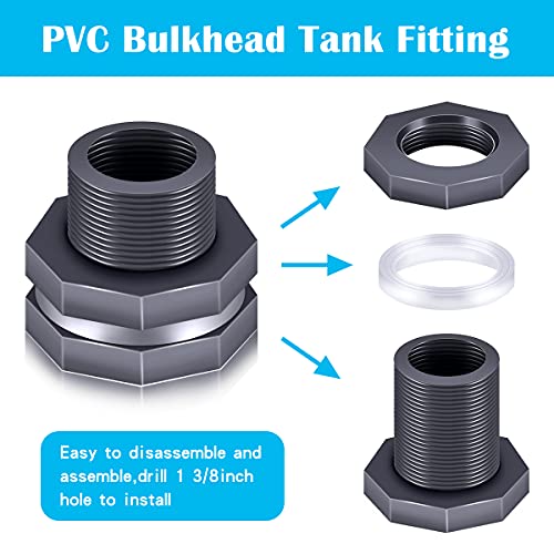 Tnuocke 2PCS PVC Bulkhead Fitting 3/4 Inch,Water Tank Connector Adapter,Thru-Bulk Pipe Fitting for Rain Barrels, Aquariums,Water Tanks,Pools(Grey) H-007-2 - Image 2