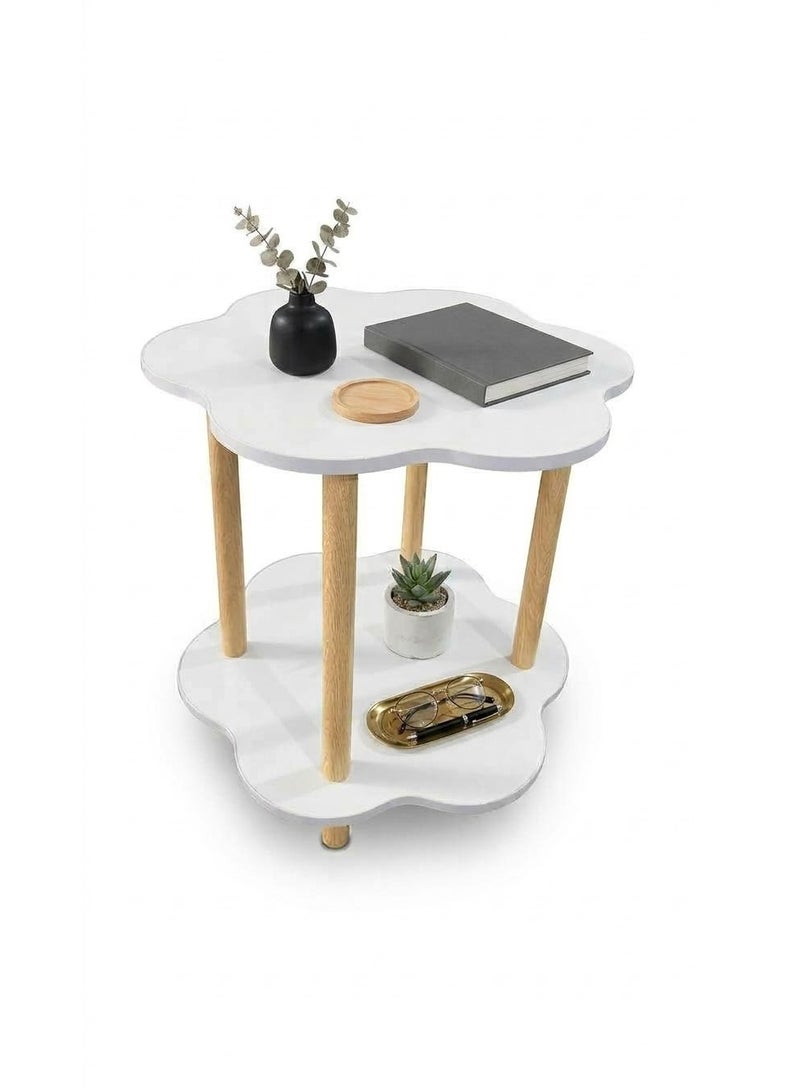 Cute Cloud Side Table, 2-Tier Small Coffee Table with Storage Shelf, Creative Flower Shaped Accent Table with Solid Wood Legs, White and Natural Finish for Living Room, Bedroom, and Kids Room - Image 2