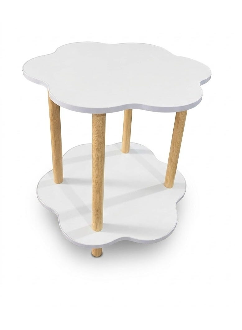 Cute Cloud Side Table, 2-Tier Small Coffee Table with Storage Shelf, Creative Flower Shaped Accent Table with Solid Wood Legs, White and Natural Finish for Living Room, Bedroom, and Kids Room - Image 1
