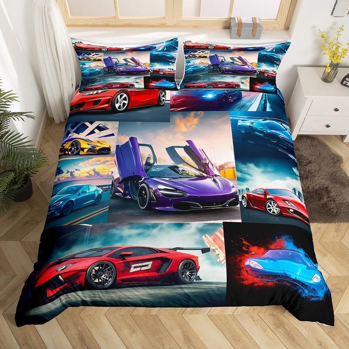 BOYS RACING CAR COMFORTER COVER SET TWIN SIZESPORTS CAR DUVET COVER EXTREME SPORT BEDDING SET SPEED TOURNAMENT GRID PATCHWORK STYLE VEHICLES BEDCLOTHES KIDS CAR THEME ROOM DECOR