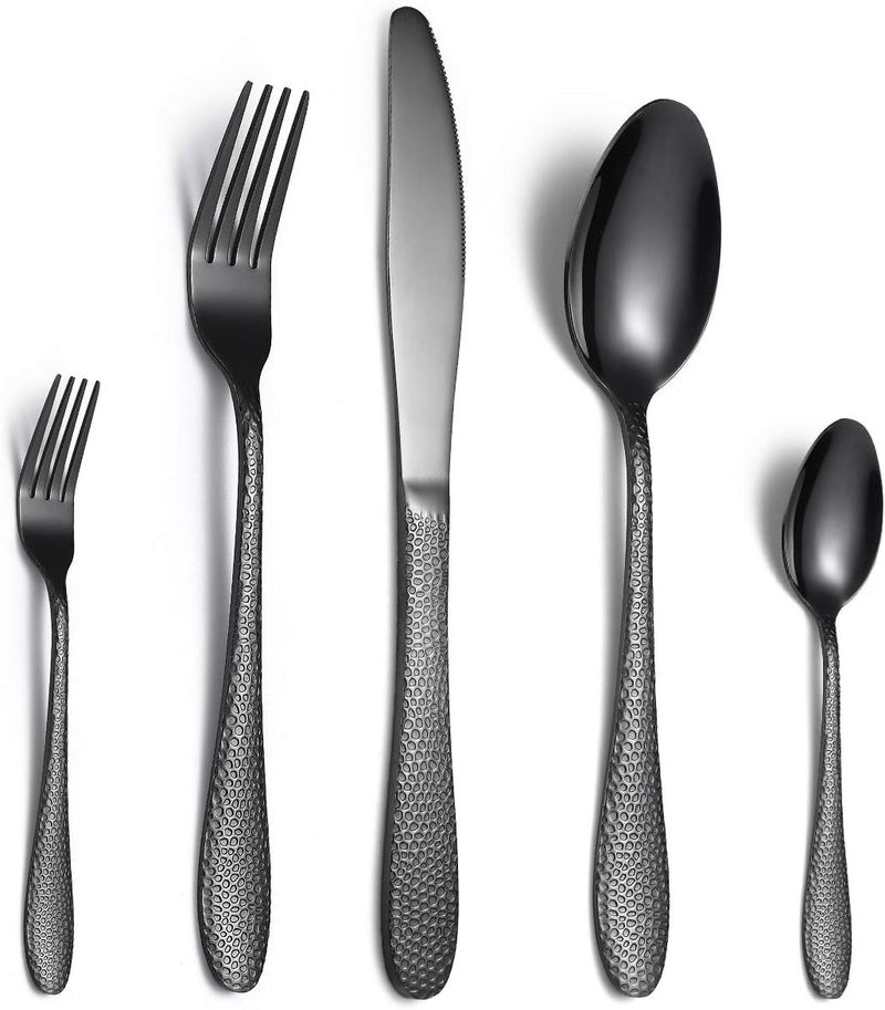 Silverware Flatware Set, 5/20/30/40/50/60 Pieces Stainless Steel Hammered Tableware Set Creative Home Steak Golden Knife, Fork and Spoon,Black-10Set-50Pcs - Image 1