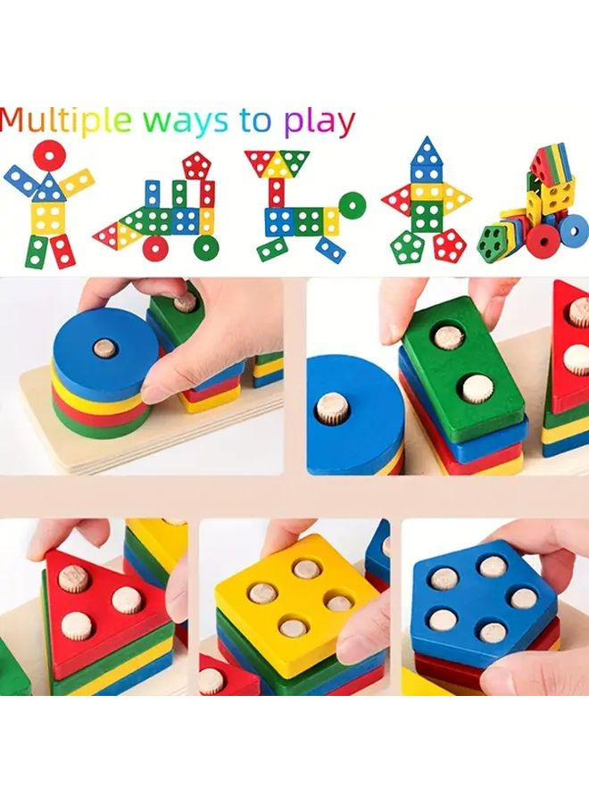 Wooden Geometric Shapes Sorting Stacking Blocks Educational Toy 1 Set For Toddlers - Image 5