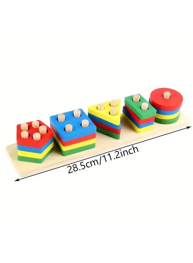 Wooden Geometric Shapes Sorting Stacking Blocks Educational Toy 1 Set For Toddlers - Image 2