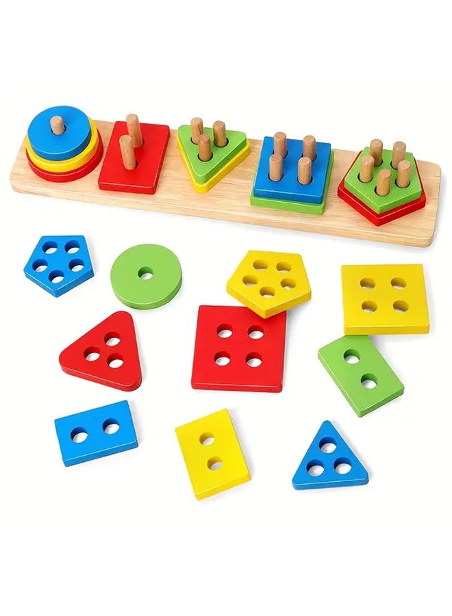 Wooden Geometric Shapes Sorting Stacking Blocks Educational Toy 1 Set For Toddlers - Image 1