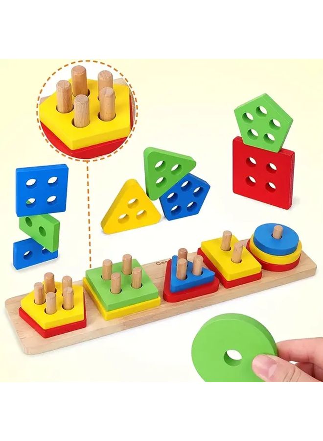 Wooden Geometric Shapes Sorting Stacking Blocks Educational Toy 1 Set For Toddlers - Image 4
