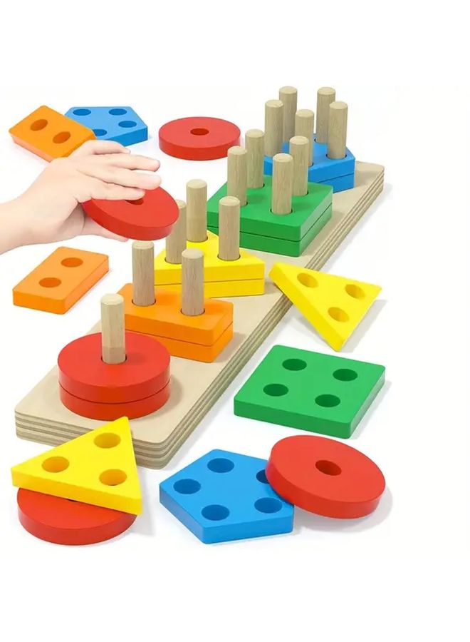 Wooden Geometric Shapes Sorting Stacking Blocks Educational Toy 1 Set For Toddlers - Image 3