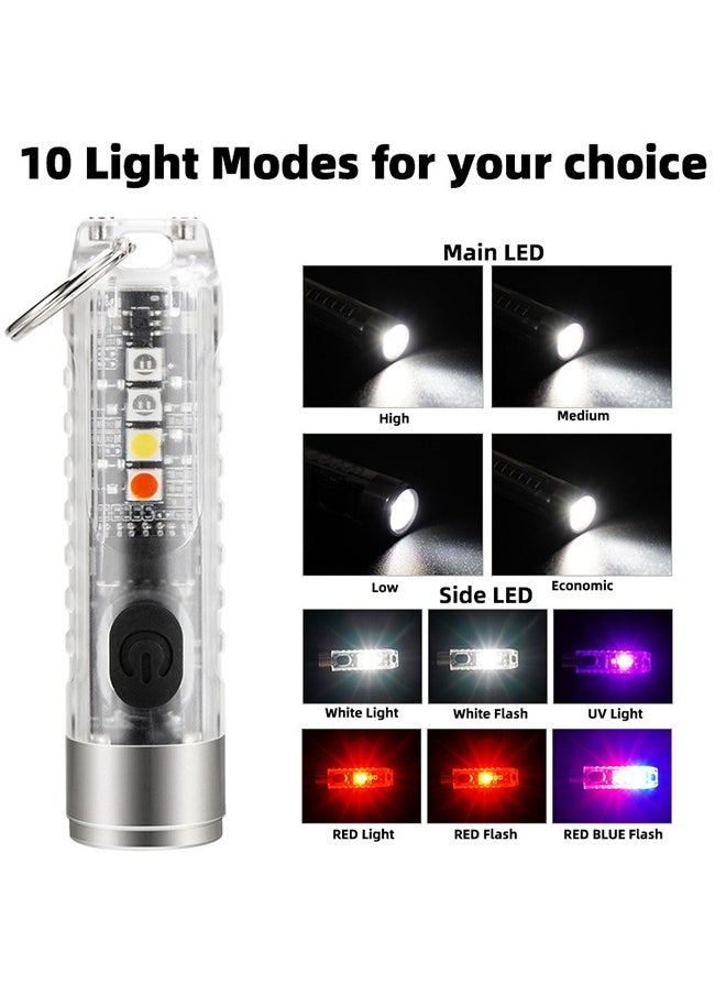 Mini LED Flashlights USB Rechargeable Small Keychain Flashlight with 10 Modes of Main & Side Light, Portable Pocket EDC Flash Light for Daily Using, Camping, and Hiking, etc.